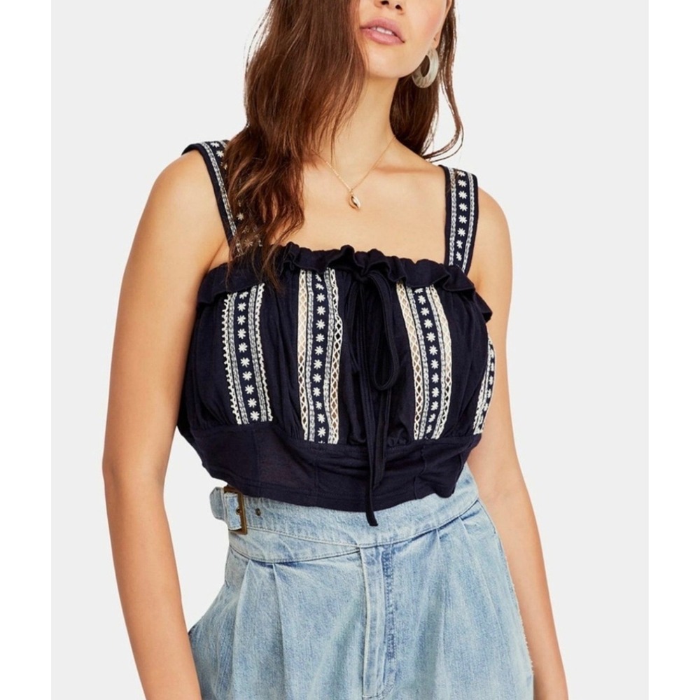 Free People Hill Top Crop Cami Navy Blue Embroidered Lace Tank S OB921810 NWT